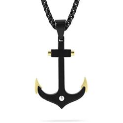 BUVE Black Nautical Anchor Necklace Pendant With Gold Tips Made From 316L Stainless Steel With 26 Inch Rolo Chain