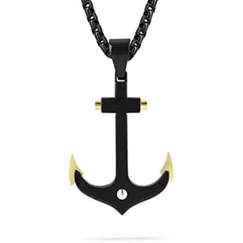 BUVE Black Nautical Anchor Necklace Pendant With Gold Tips Made From 316L Stainless Steel With 26 Inch Rolo Chain