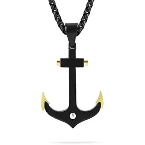 BUVE Black Nautical Anchor Necklace Pendant With Gold Tips Made From 316L Stainless Steel With 26 Inch Rolo Chain BUVE Black Nautical Anchor Necklace Pendant With Gold Tips Made From 316L Stainless Steel With 26 Inch Rolo Chain