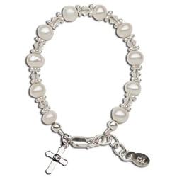 Childrens Sterling Silver Cross Bracelet and/or Necklace with Cultured Pearl and High End Crystal for First Communion, Baptism or Christening