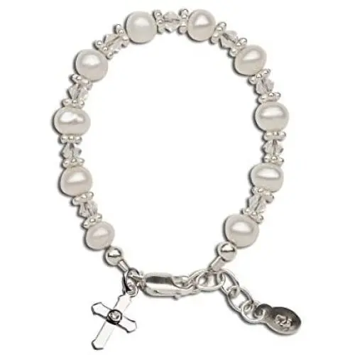 Childrens Sterling Silver Cross Bracelet and/or Necklace with Cultured Pearl and High End Crystal for First Communion, Baptism or Christening Childrens Sterling Silver Cross Bracelet and/or Necklace with Cultured Pearl and High End Crystal for First Communion, Baptism or Christening