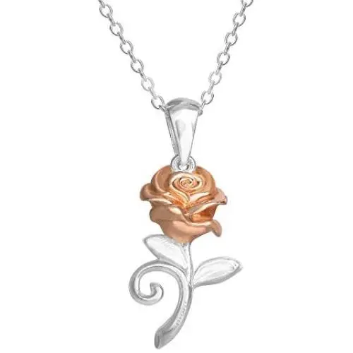 Disney Beauty and the Beast, Sterling Silver Rose Pendant Necklace, 18'' Chain Disney Beauty and the Beast, Sterling Silver Rose Pendant Necklace, 18'' Chain