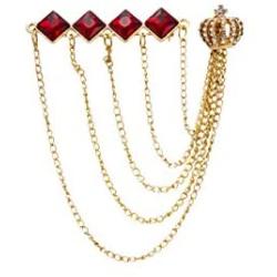 Knighthood Diamond Cut Red Stone Bar with Hanging Chains and Gold Crown Brooch