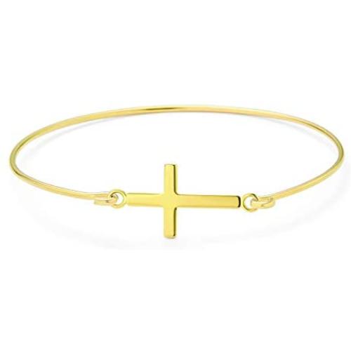 Delicate Minimalist Religious Diagonal Sideways Cross Bangle Bracelet For Women Teen 14K Gold Plated 925 Sterling Silver