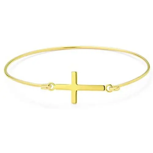 Delicate Minimalist Religious Diagonal Sideways Cross Bangle Bracelet For Women Teen 14K Gold Plated 925 Sterling Silver