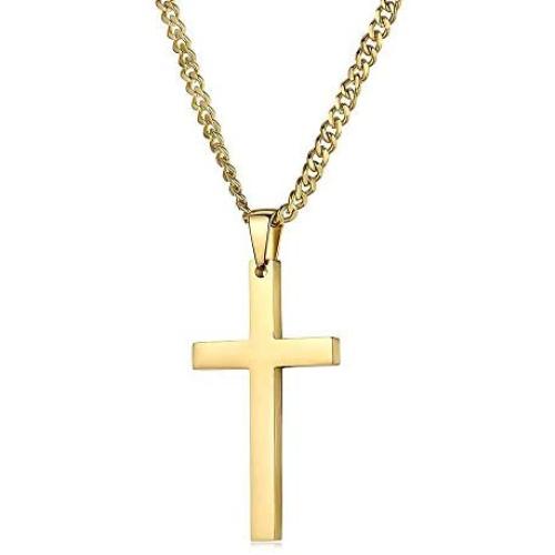 24K Gold Chain Style Cross Pendant Necklace Solid Clasp for Men, Husband, Teens Thin for Charms Miami Cuban Link Diamond Cut