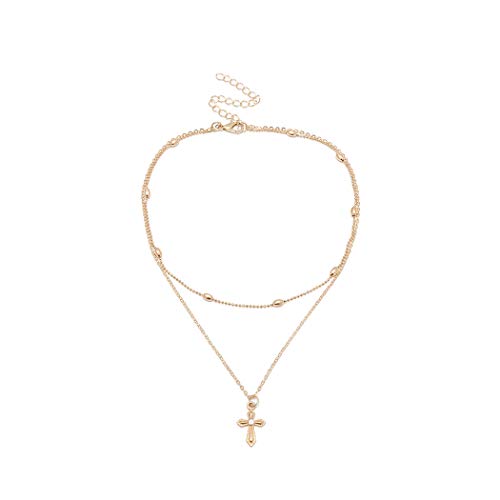 Funyrich Layered Cross Pendant Necklace Jesus Beaded Necklaces Chain Adjustable Choker Necklace Jewelry for Women and Girls (Gold)