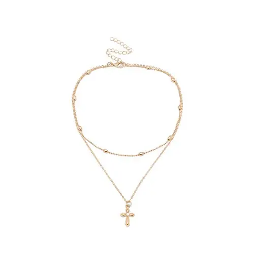 Funyrich Layered Cross Pendant Necklace Jesus Beaded Necklaces Chain Adjustable Choker Necklace Jewelry for Women and Girls (Gold)