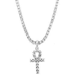 Shiny Jewelers USA Mens Hip HOP Silver ICED Out Micro Double ANKH Cross Pendant Cuban Rope Box Chain Necklace Set