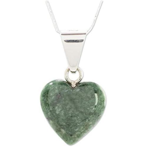 NOVICA .925 Sterling Silver and Jade Heart Shaped Pendant Necklace, 18'', Love Immemorial