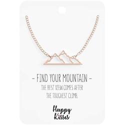 Happy Kisses Mountain Necklace for Women with Snow Top – Pendant Gift for Skiers, Hikers, Campers, Climbers and Nature Lovers – Silver, Rose Gold & Gold