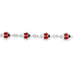 Red Lucky Ladybugs Small Enamel Station Charm Bracelet For Women For Teen 925 Sterling Silver