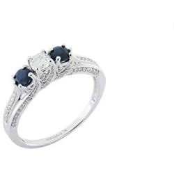Dazzlingrock Collection 14K White Diamond And Blue Sapphire Ladies Vintage Bridal 3 Stone Engagement Ring, White Gold