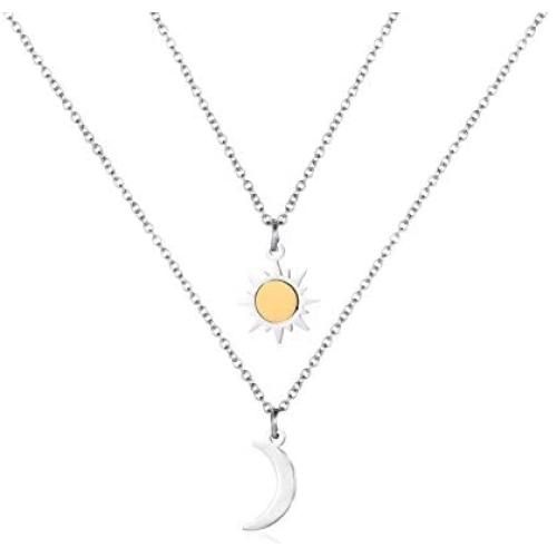 Sun Moon Pendant Necklace, Stainless Steel Heart-Shaped Sun and Moon Y Necklace Vertical Bar Looped Adjustable Long Necklace for Girls, Ladies, Boys, Men, 2 in 1 Set