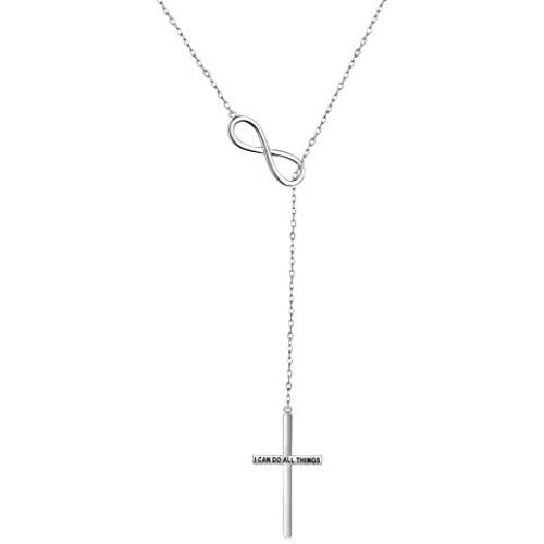 JZMSJF 925 Sterling Silver Faith God in My Heart Infinity Cross Pendant Y Shaped I CAN DO All Things Adjustable Long Chain Sweater Necklace for Women Girls