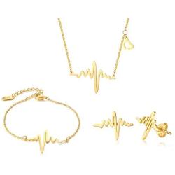 XUANPAI Gold Plated EKG Actual Heartbeat Earring &Bracelet&Necklace 3 Pack Set Cute Life Line Cardiogram Gift for Women Girls