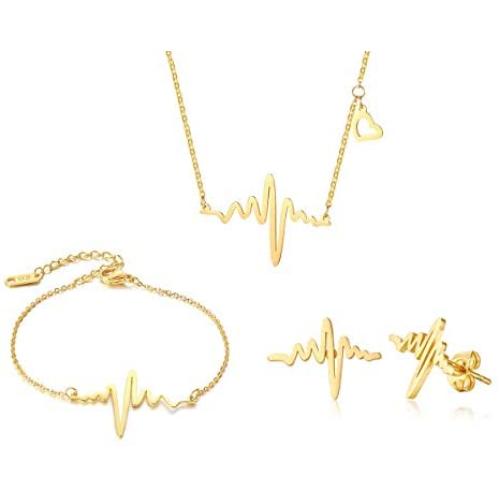 XUANPAI Gold Plated EKG Actual Heartbeat Earring &Bracelet&Necklace 3 Pack Set Cute Life Line Cardiogram Gift for Women Girls