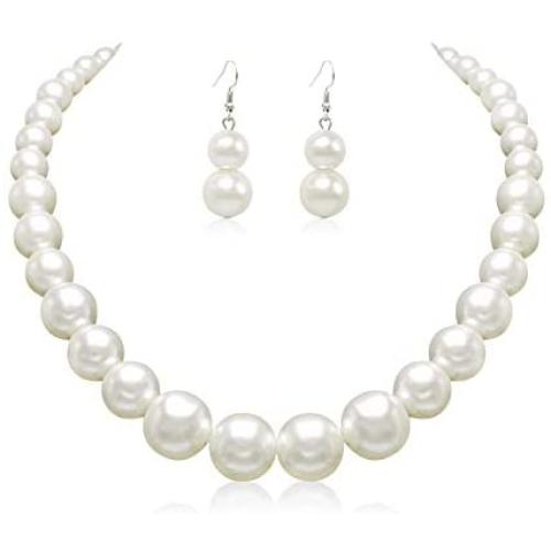 Colorose Faux Pearl Necklace Earring Set for Women Chunky Beads Strand Statement Necklaces Costume Jewelry