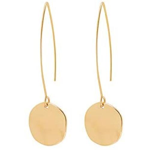 Shiny Hammering Circle Disc Small Dangle Drop Hanging Earrings Long Hoops Geometric Brushed Gold Round Filled Everyday Jewelry for Women and girl