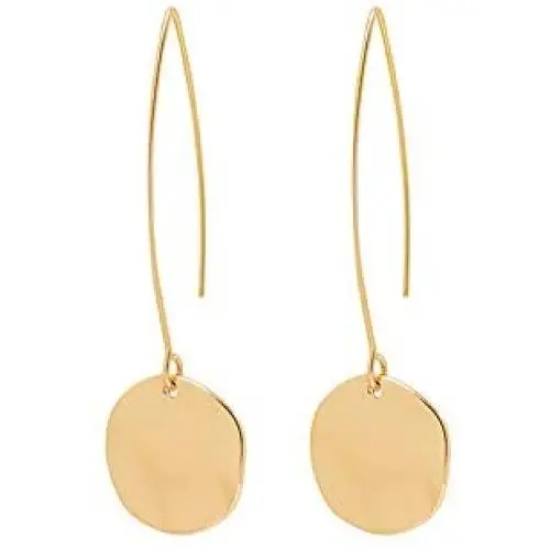 Shiny Hammering Circle Disc Small Dangle Drop Hanging Earrings Long Hoops Geometric Brushed Gold Round Filled Everyday Jewelry for Women and girl