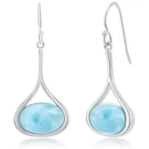 Oval-Shaped Caribbean Natural Larimar Gemstone Sterling Silver Dangling Earrings Jewelry for Women or Teens Oval-Shaped Caribbean Natural Larimar Gemstone Sterling Silver Dangling Earrings Jewelry for Women or Teens