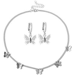 2 Pcs Butterfly Choker Necklace and Earrings Dangle Jewelry Set for Women Gold Silver Choker Chain Necklaces Dainty Butterfly Necklace and Earrings Jewelry Set Girls Gifts