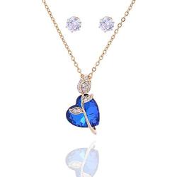 Grasiue: Blue Colorful Heart Crystal with Gold Flower Necklace, Gold Coating Type with White Crystal Earrings. to Elegant and Fashion You. Christmas Party, Feast, Dating, Daily.