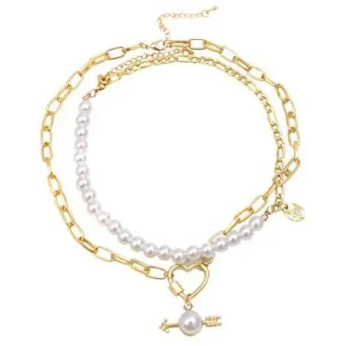 CRIVEER Multirow Necklace with Knot Pendant and Pearl in Gold Weight 17g