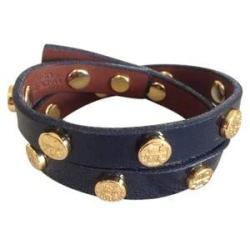Tory Burch Double Wrap Bracelet Leather Logo Stud Navy