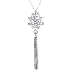 S925 Sterling Silver Snowflake Snow Long Sweater Chain Statement Tassel Fringe Necklace Pendant for Women Girl