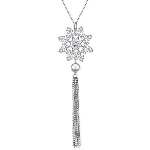 S925 Sterling Silver Snowflake Snow Long Sweater Chain Statement Tassel Fringe Necklace Pendant for Women Girl