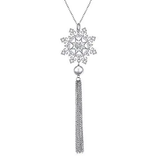 S925 Sterling Silver Snowflake Snow Long Sweater Chain Statement Tassel Fringe Necklace Pendant for Women Girl S925 Sterling Silver Snowflake Snow Long Sweater Chain Statement Tassel Fringe Necklace Pendant for Women Girl