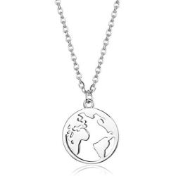 Sllaiss 925 Sterling Silver World Map Pendent Necklaces for Women Men Vintage Dainty Circle Earth Necklaces Long Distance Travel Charm Jewelry Gifts Hypoallergenic