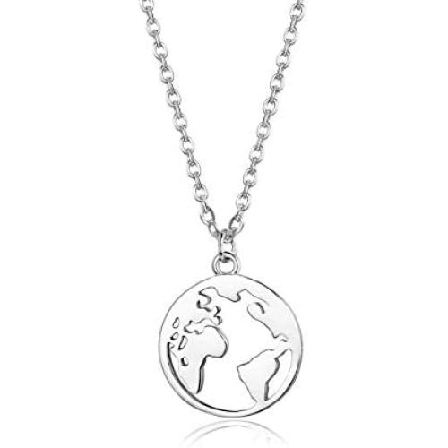 Sllaiss 925 Sterling Silver World Map Pendent Necklaces for Women Men Vintage Dainty Circle Earth Necklaces Long Distance Travel Charm Jewelry Gifts Hypoallergenic