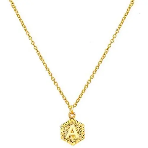 Gold Hexagon Initial Necklace for Girl,Letter A-Z Personlized Name Jewelry Engraved Alphabet Necklace for Teen Girls A
