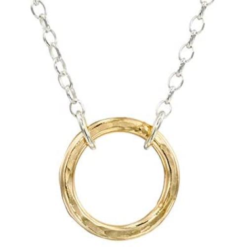 Gold Filled Sun on a 925 Sterling Silver Chain, Circle Full Moon Orbit Pendant on a Layered Necklace Double Circle Open Circle Generations Interlocking Infinity Hammered Pendant Dainty 14K Goldfilled Minimalist Simple for Mother Daughter Sister Granddaugh