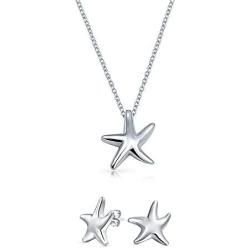 Small Tropical Vacation Nautical Beach Starfish Pendant Necklace Stud Earrings Jewelry Set For Women Girlfriend Polished 925 Sterling Silver