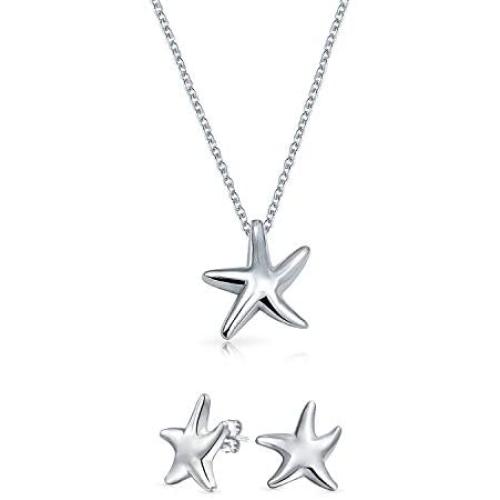 Small Tropical Vacation Nautical Beach Starfish Pendant Necklace Stud Earrings Jewelry Set For Women Girlfriend Polished 925 Sterling Silver
