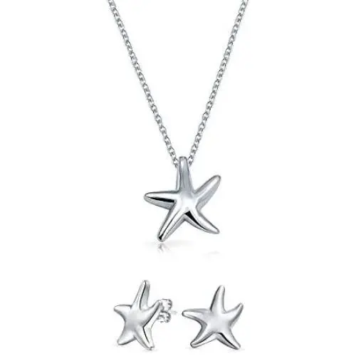 Small Tropical Vacation Nautical Beach Starfish Pendant Necklace Stud Earrings Jewelry Set For Women Girlfriend Polished 925 Sterling Silver