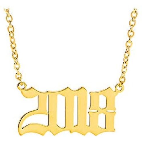 Crazy Feng Birth Year Necklace Gold Number Necklace 14K Gold Stainless Steel Necklace 1985 to 2018 Necklace Old English Necklace for Women Friendship Jewelry Gift 14.2''+2.7''