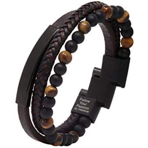 KC Premium Leather Beads Bracelet Men Engraved Inspirational Adjustable Magnetic Clasp Steel Wristband Braided Cuff Tiger-Eye Beaded Stone Bangle Gift for Him Black Brown Silver Gold