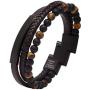 KC Premium Leather Beads Bracelet Men Engraved Inspirational Adjustable Magnetic Clasp Steel Wristband Braided Cuff Tiger-Eye Beaded Stone Bangle Gift for Him Black Brown Silver Gold