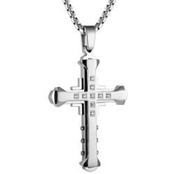 HZMAN Mens Stainless Steel Cross Necklace Inlaid Cubic Zirconia Simple Fashion Pendant Gold Silver Black 22 + 2 Inch Chain