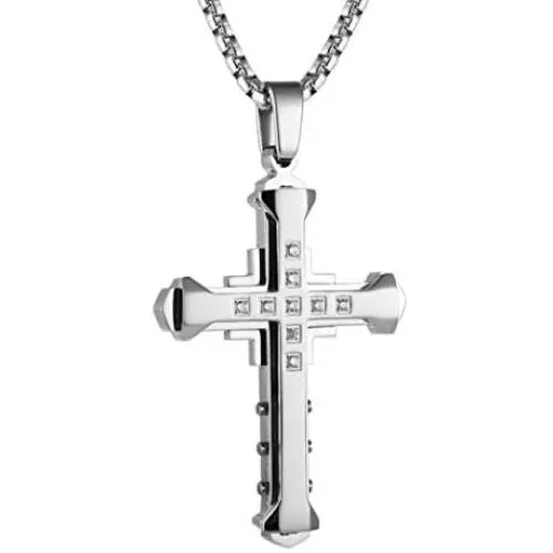 HZMAN Mens Stainless Steel Cross Necklace Inlaid Cubic Zirconia Simple Fashion Pendant Gold Silver Black 22 + 2 Inch Chain HZMAN Mens Stainless Steel Cross Necklace Inlaid Cubic Zirconia Simple Fashion Pendant Gold Silver Black 22 + 2 Inch Chain