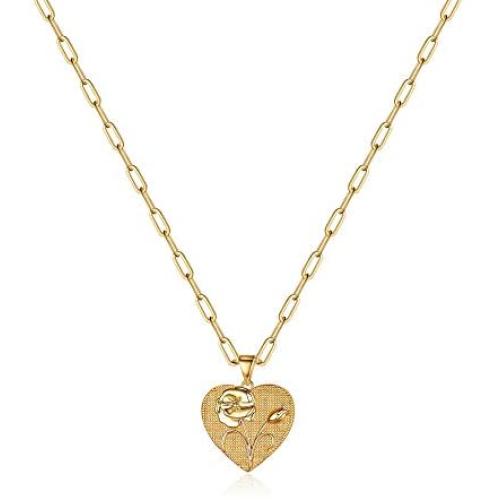 Hidepoo Birth Flower Necklaces for Women, 14K Gold Plated Dainty Paperclip Chain Engraved Floral Heart Necklace Simple Birth Month Flower Pendant Necklace Personalized Jewelry Birthday Gift for Women