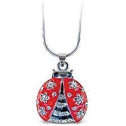 Puzzled Red Ladybug Necklace, 18 Inch Fashionable & Elegant Silver Chain Jewelry with Rhinestone Studded Pendant For Casual Formal Attire Nautical Themed Girls Teens Women Fashion Neck Accessory