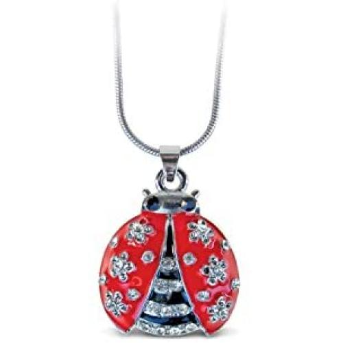Puzzled Red Ladybug Necklace, 18 Inch Fashionable & Elegant Silver Chain Jewelry with Rhinestone Studded Pendant For Casual Formal Attire Nautical Themed Girls Teens Women Fashion Neck Accessory