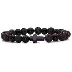 Fusamk Fashion Yoga Natural Stone Bracelet Religious Cross Beads Link Bracelet.7.5'' Wrist