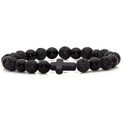 Fusamk Fashion Yoga Natural Stone Bracelet Religious Cross Beads Link Bracelet.7.5'' Wrist
