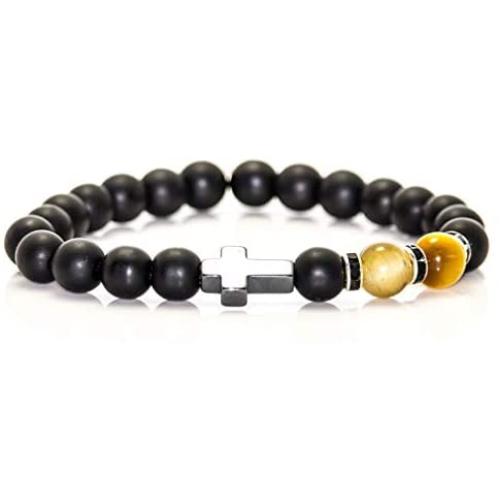 Mgutillart 8MM Natural Stone Matte Agate Beads Bracelet Hematite Cross Bracelet